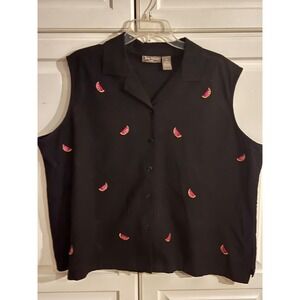 Jane Ashley Women Black Cotton Sleeveless Button Down Watermelon Embroidered Top